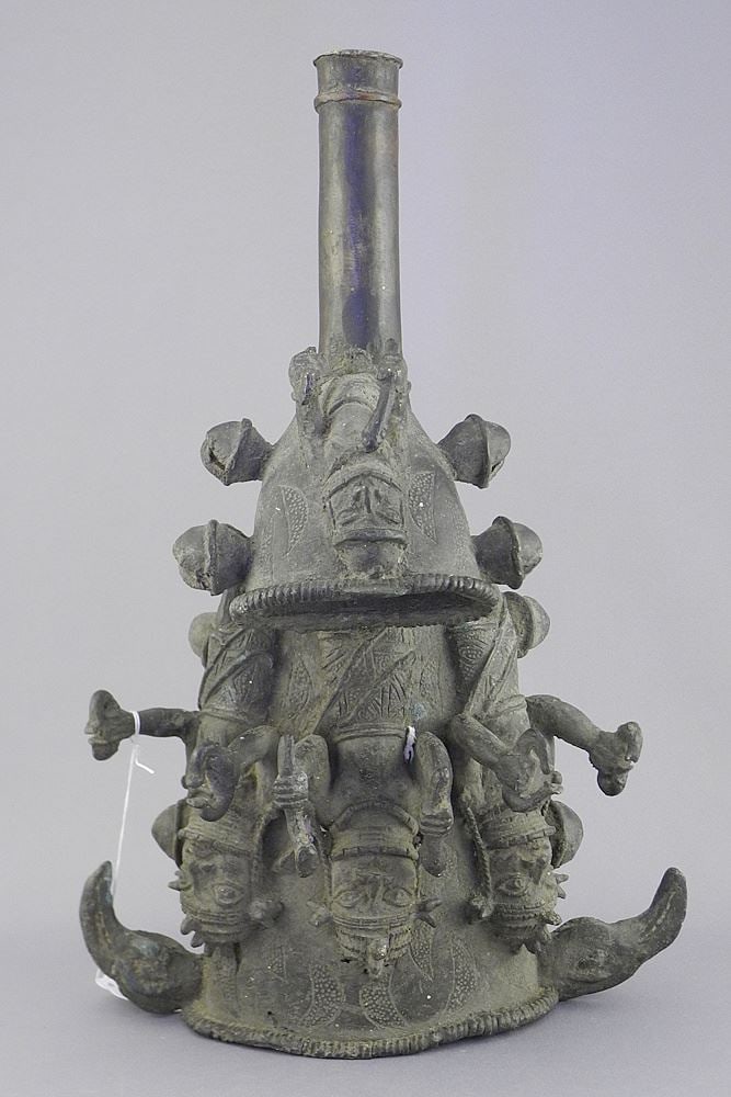 Benin Bronze Oil Lamp or Medicine Vessel, 12"h. (1 of 3)