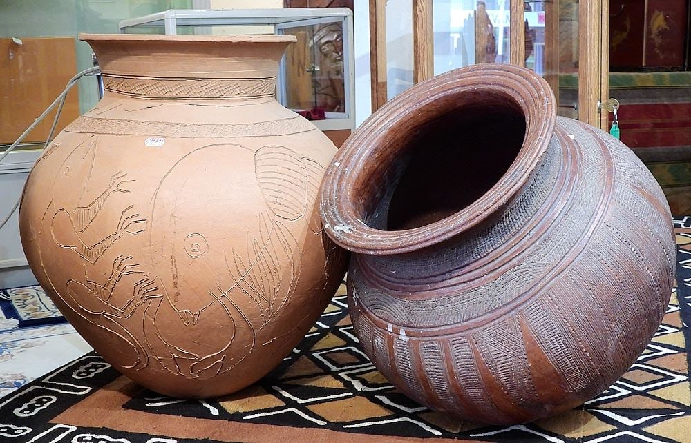 Two African Terracotta Pots, 14 & 18"h (one restored).: Two African Terracotta Pots, 14 & 18"h (one restored).