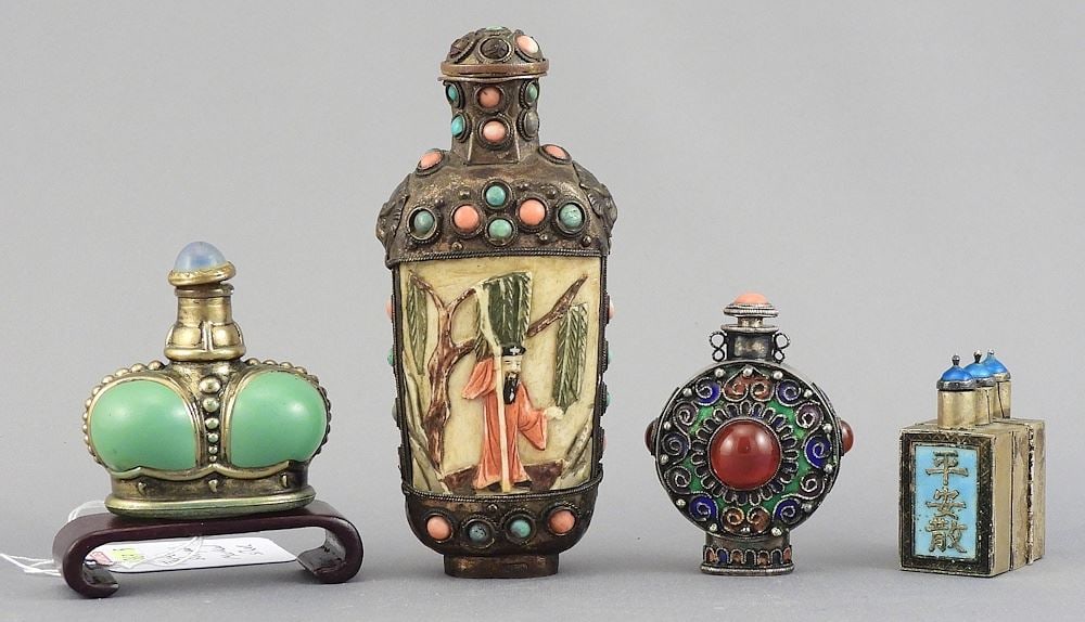 Four Snuff Bottles: Silver Alloy (295g)/Glass/Enameled/Articulated, 1 1/2 - 4"h. (1 of 2)