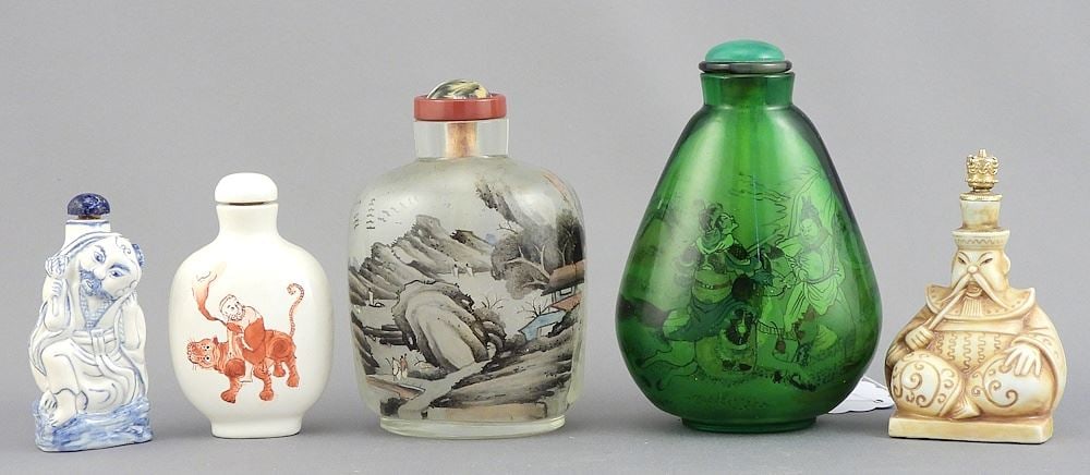 Five Snuff Bottles: 2 Reverse- 2 Porcelain-1 European Impressed 1708, 2 1/2-3 5/8"h. (1 of 2)