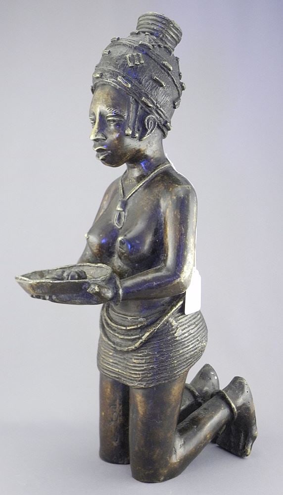 Benin Bronze Kneeling Figure w/ Offering Bowl, 19 1/4"h. (1 of 4)