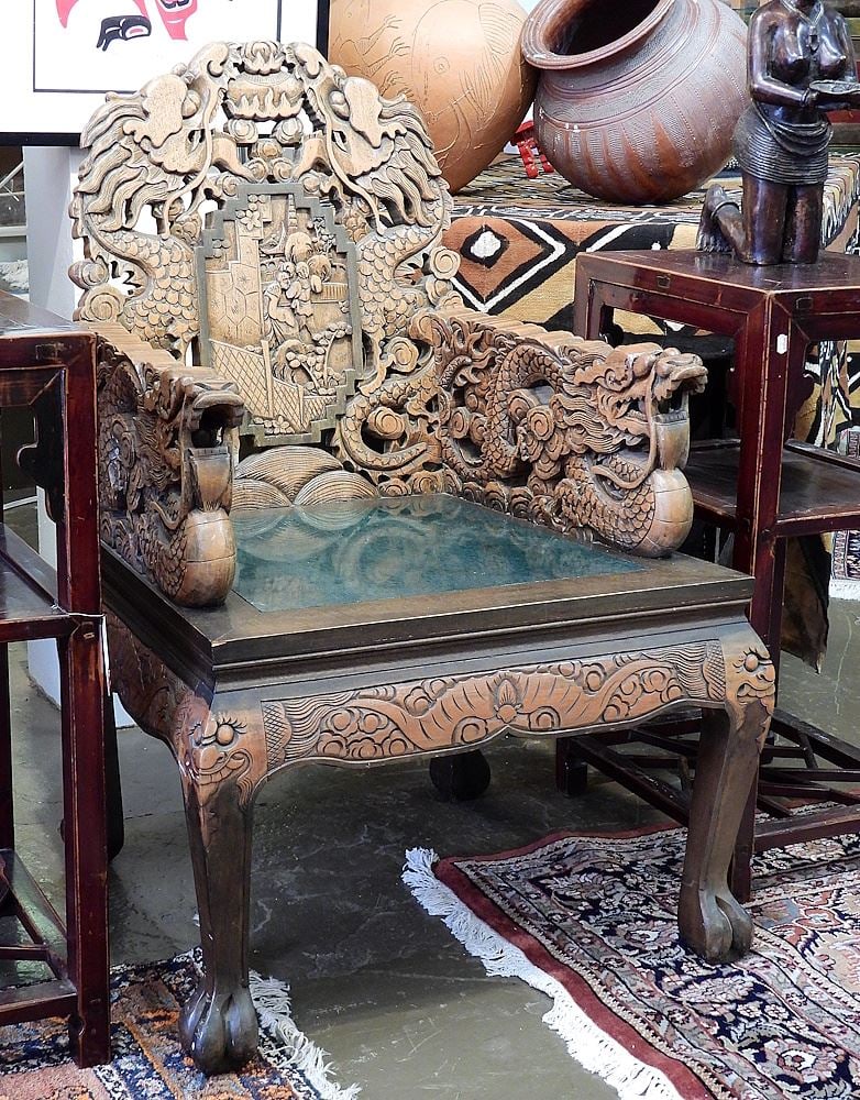 Chinese Carved Wood Armchair w/ Green Marble Inset Seat.: Chinese Carved Wood Armchair w/ Green Marble Inset Seat.