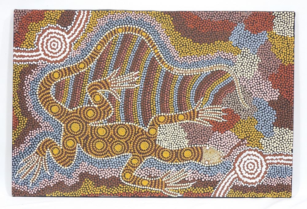 Australian Oil on Canvas signed Barbara Charles Nabaldjari, 20 x 30" , "Lizard". (1 of 2)