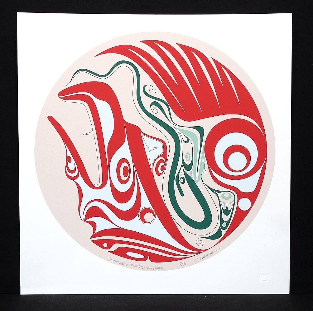 Coast Salish Serigraph sig. M. (Manuel) Salazar, 20 3/4 x 20", "Thunderbird & Lightning Snake", # 71: Coast Salish Serigraph sig. M. (Manuel) Salazar, 20 3/4 x 20", "Thunderbird & Lightning Snake", # 71/155
