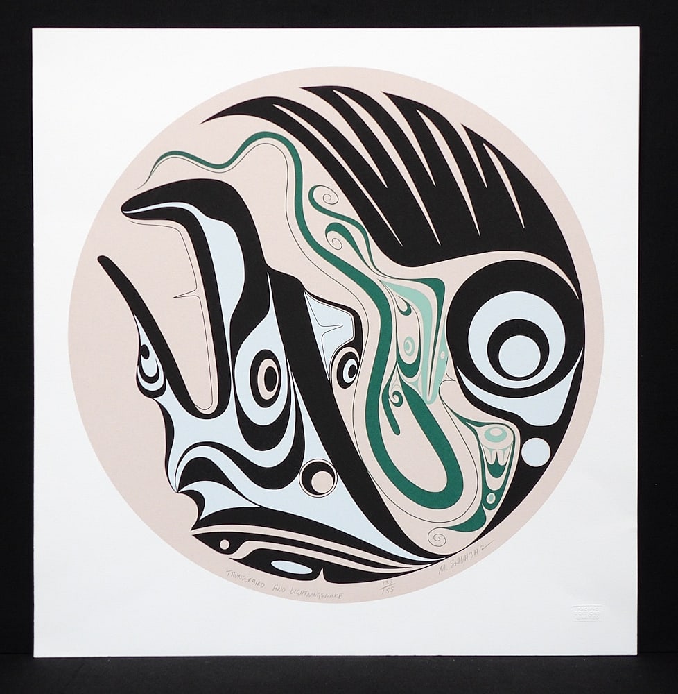 Coast Salish Serigraph sig. M. (Manuel) Salazar, 20 3/4 x 20", "Thunderbird & Lightning Snake", # 13: Coast Salish Serigraph sig. M. (Manuel) Salazar, 20 3/4 x 20", "Thunderbird & Lightning Snake", # 135/155