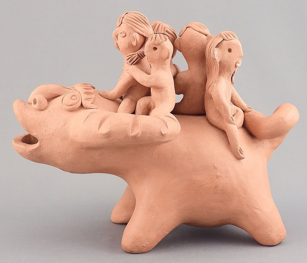 Clay Sculpture signed Fan Xin-Lin, 1992-8, 8"L, "Children Riding Horned Beast". (1 of 3)