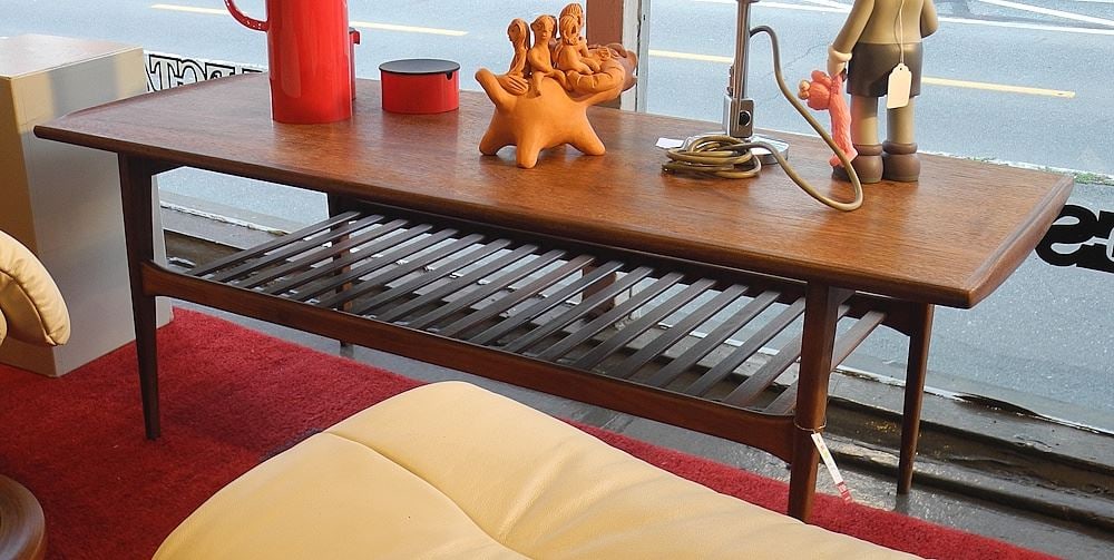 Danish Modern Style Mixed Wood Low Table, 17 x 47 1/2 x 19 5/8" (one leg nibbled). (1 of 3)