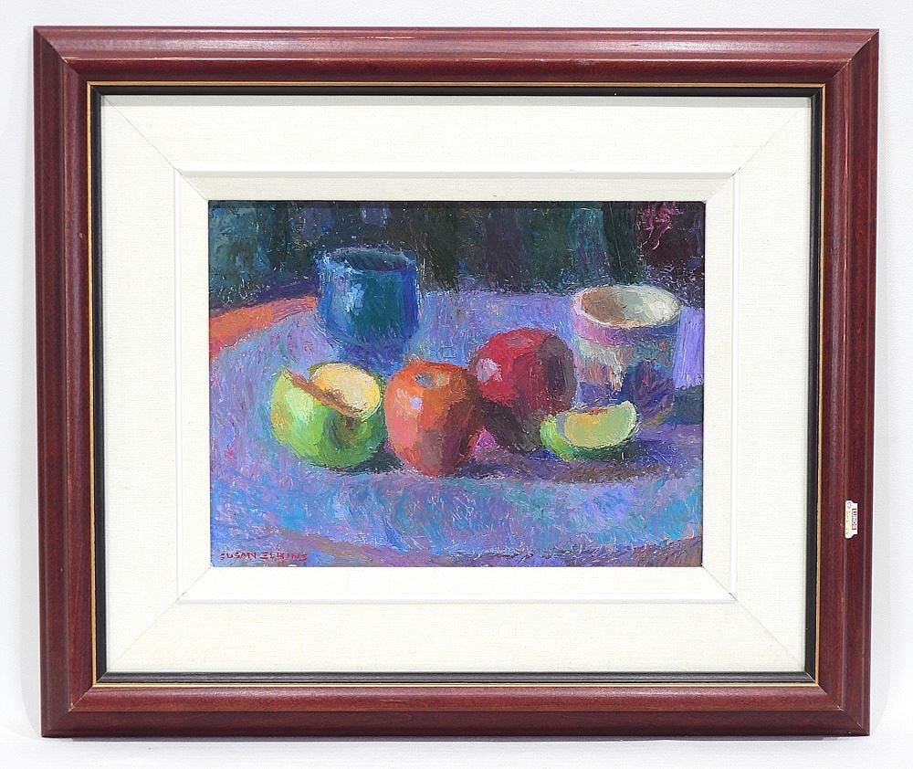 Oil on Board signed Susan Elkins, 11 x 14", "Apples w/Blue Glass". (1 of 4)
