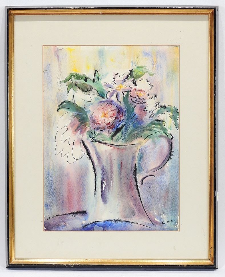 Watercolour signed M. (Mary E) Elliott, 15 x 11", "Flowers in a Jug ".: Watercolour signed M. (Mary E) Elliott, 15 x 11", "Flowers in a Jug ".