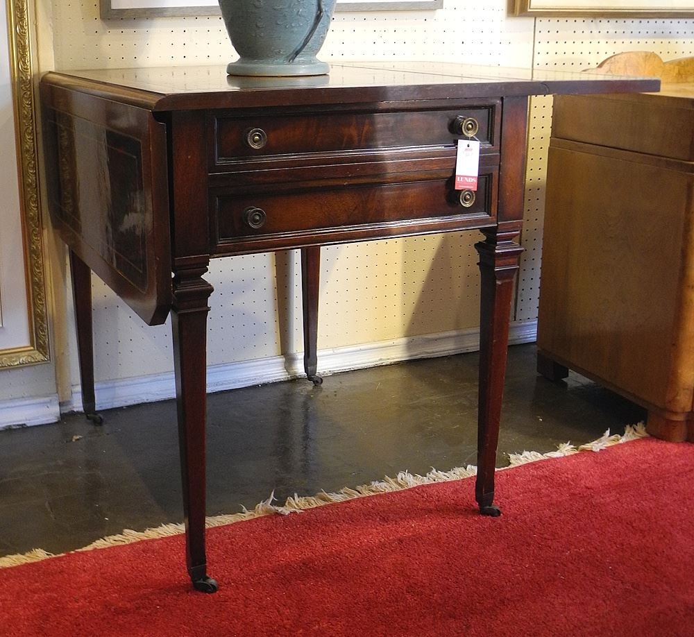 Mahogany Drop Side Lamp Table w/ Gilt Tooled Leather Top. (1 of 2)