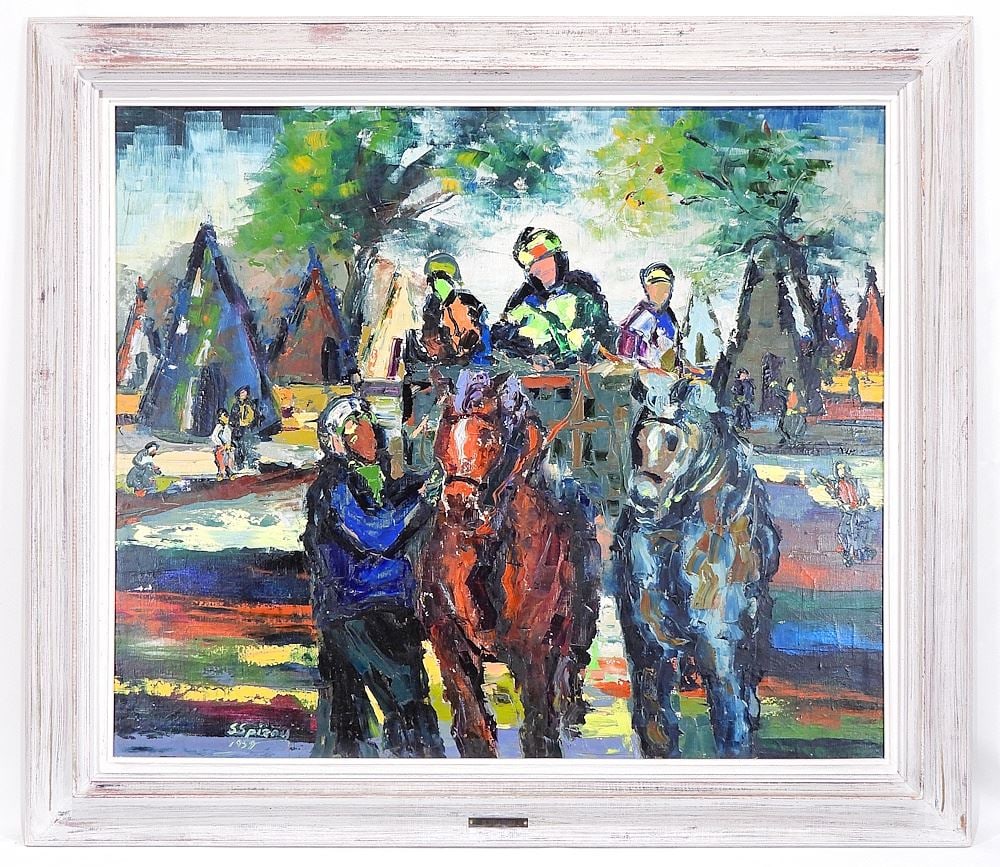 Oil on Canvas signed S. Spiroy, 33 1/2 x 39 1/2", "Horse Cart & Tipis".: Oil on Canvas signed S. Spiroy, 33 1/2 x 39 1/2", "Horse Cart & Tipis".