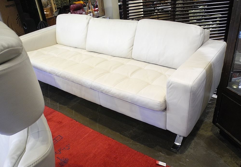 Cream Leather Contemporary Settee, 7'4"w. (1 of 2)