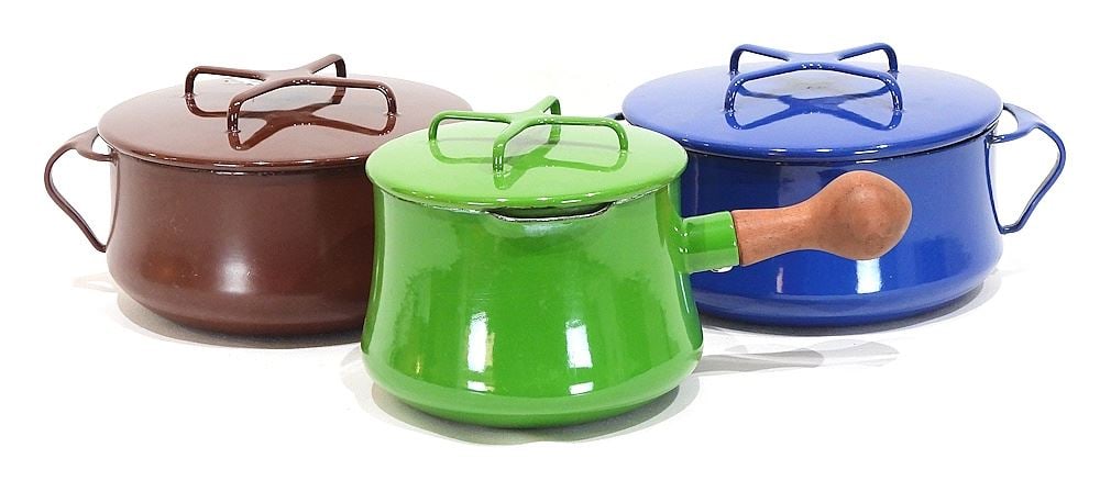 Three Dansk Denmark Enameled Covered Pots, 9 7/8"L (as found).: Three Dansk Denmark Enameled Covered Pots, 9 7/8"L (as found).