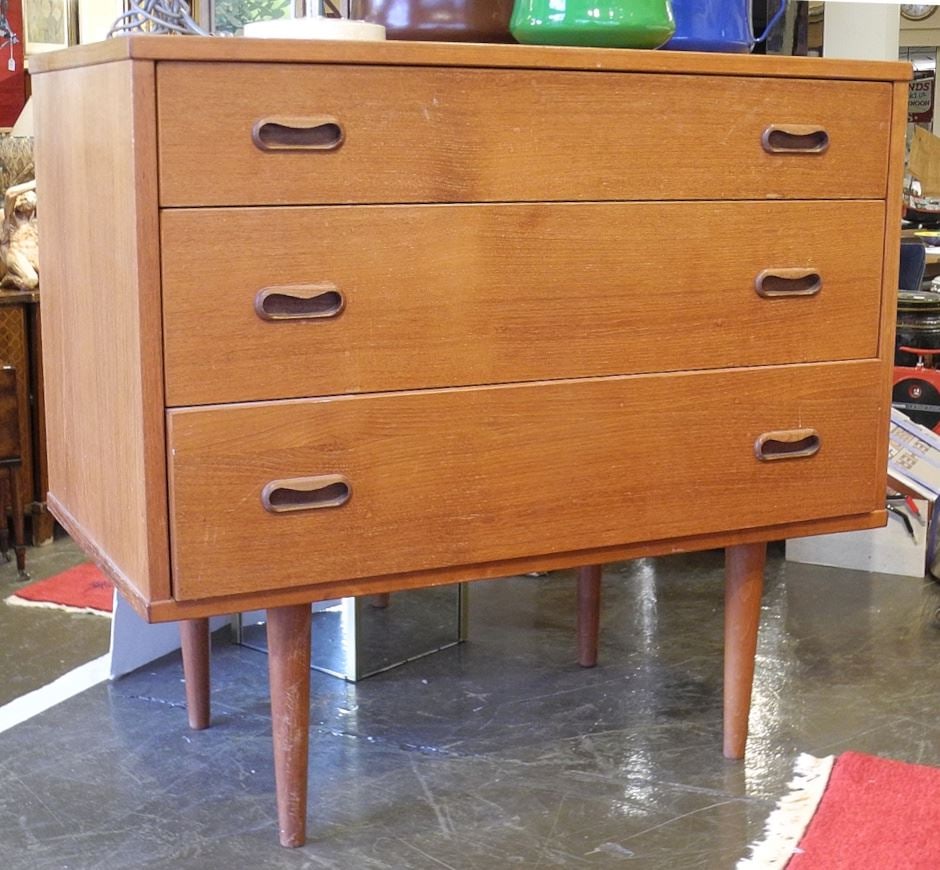 Danish Modern Low Teak Three Drawer Chest, 28 3/8 x 30 3/8 x 17 1/8". (1 of 2)