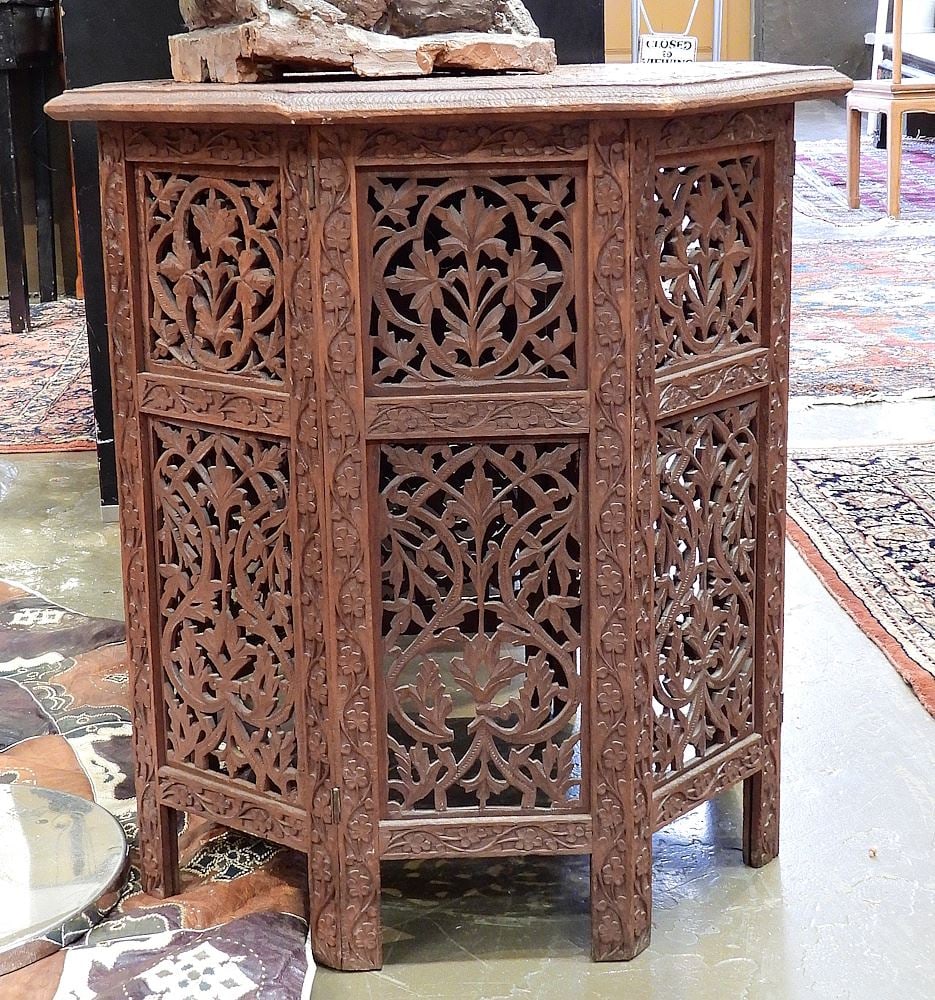 Moroccan Chip Carved Folding Table, 25 3/8 x 24" Diameter. (1 of 2)