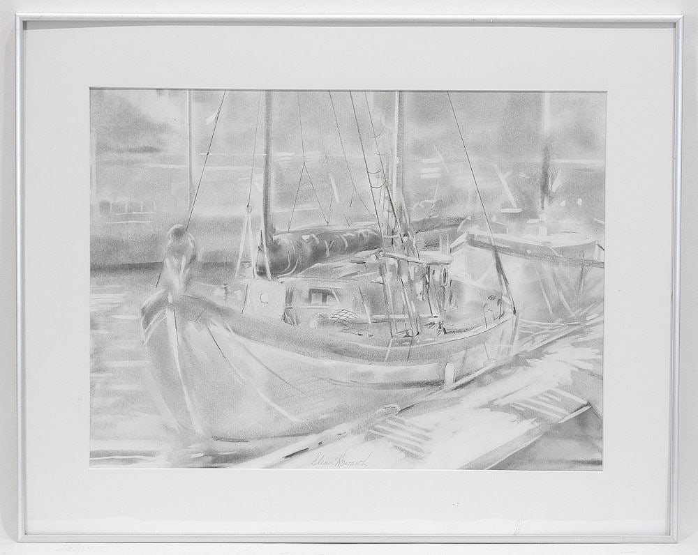 Graphite on Paper signed Glenn Howarth, 13 1/2 x 18 1/8", "Sailboat at Dock".: Graphite on Paper signed Glenn Howarth, 13 1/2 x 18 1/8", "Sailboat at Dock".