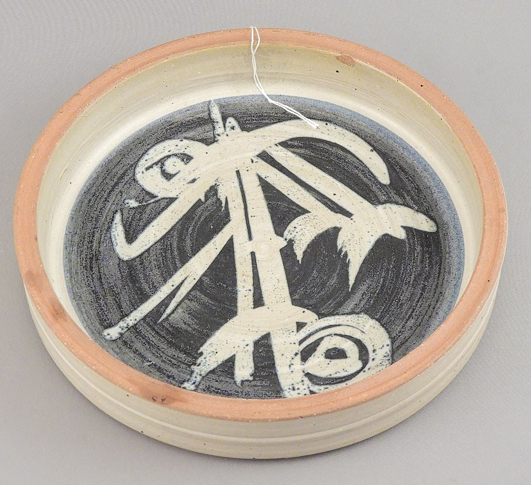 Stoneware Dish signed (Walter) Dexter Kelowna Canada, 1 1/8 x 6 5/8 " Diameter (adhesive/chip: Stoneware Dish signed (Walter) Dexter Kelowna Canada, 1 1/8 x 6 5/8 " Diameter (adhesive/chip
