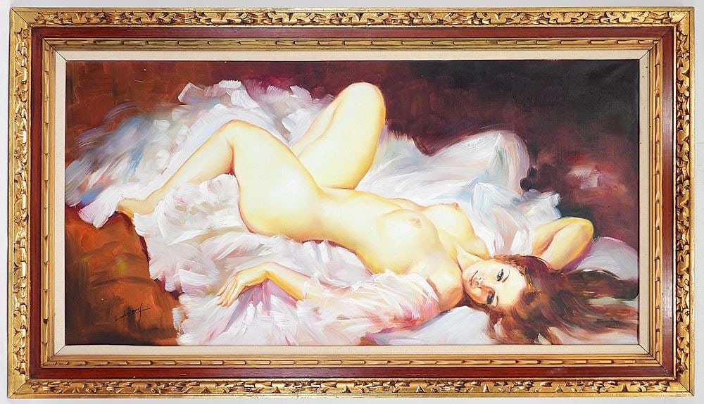 Oil on Canvas signed L. Williams, 24 x 48", "Reclining Redhead".: Oil on Canvas signed L. Williams, 24 x 48", "Reclining Redhead".