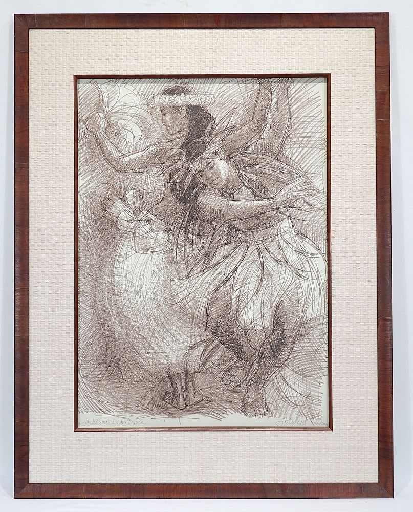 Lithograph signed J. (Judith) Kunzle, 29 1/4 x 20 3/4", "Cook Islands Drum Dance" #219/5 (1 of 4)