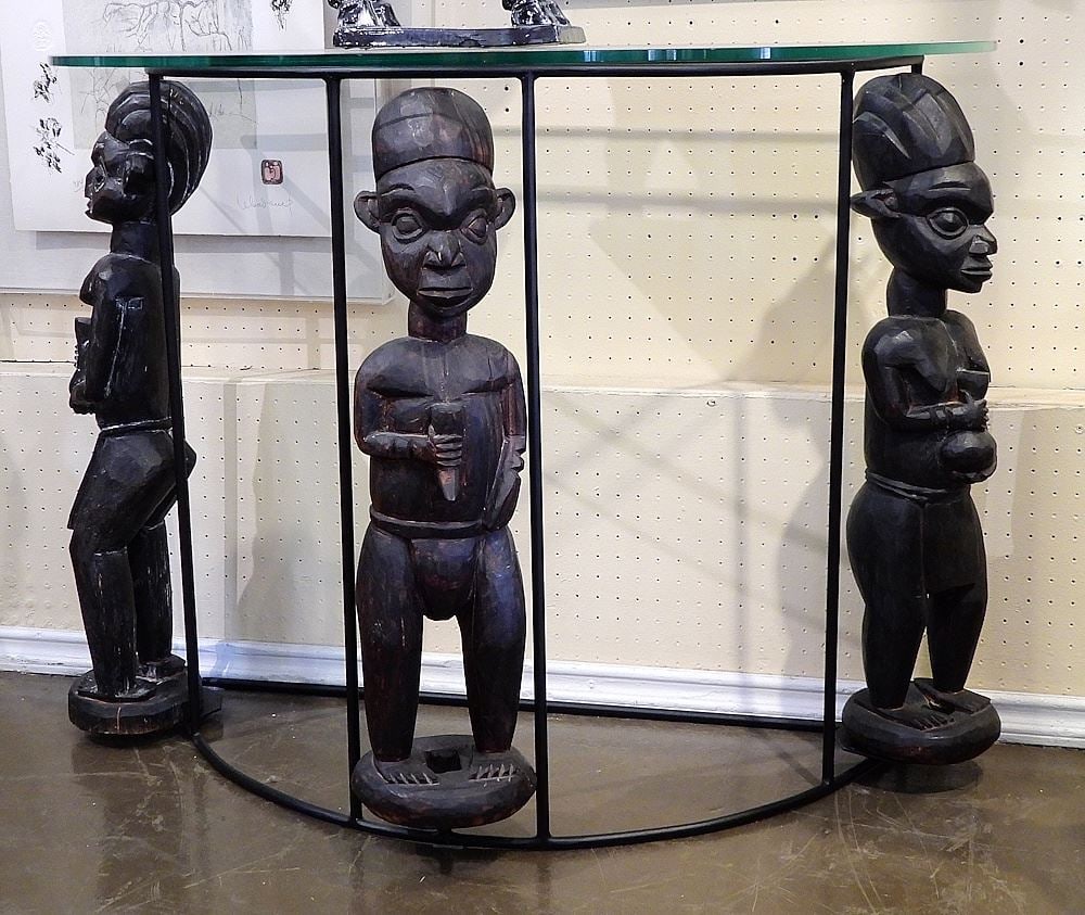 Three African Carved Wood Figures w/Custom Display Table. (1 of 2)