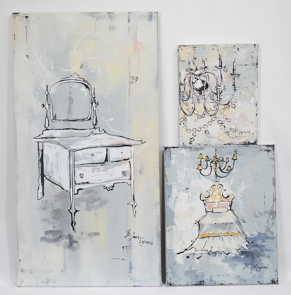 Three Mixed Media on Canvas signed B. (Bridgette) Van Egmond, Largest 38 x 20", "Decor Studies". (1 of 5)