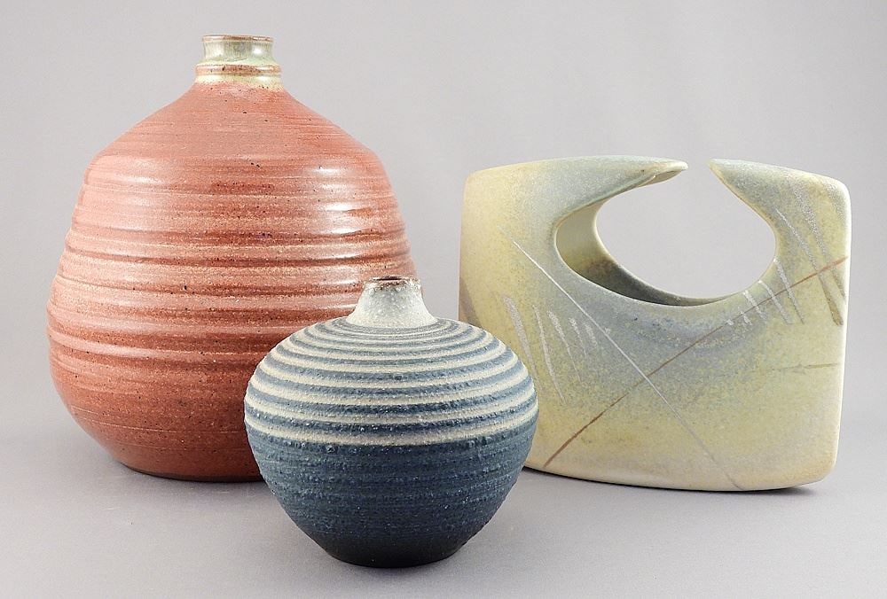 Two Stoneware Vases signed (Louise & Adolf) Schwenk (4 & 7 1/2"h) w/ Porcelain Envelope Vase.: Two Stoneware Vases signed (Louise & Adolf) Schwenk (4 & 7 1/2"h) w/ Porcelain Envelope Vase.