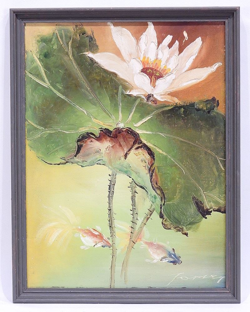 Oil on Board signed Jones, 15 1/2 x 11 1/2", "Lotus Blossom".: Oil on Board signed Jones, 15 1/2 x 11 1/2", "Lotus Blossom".