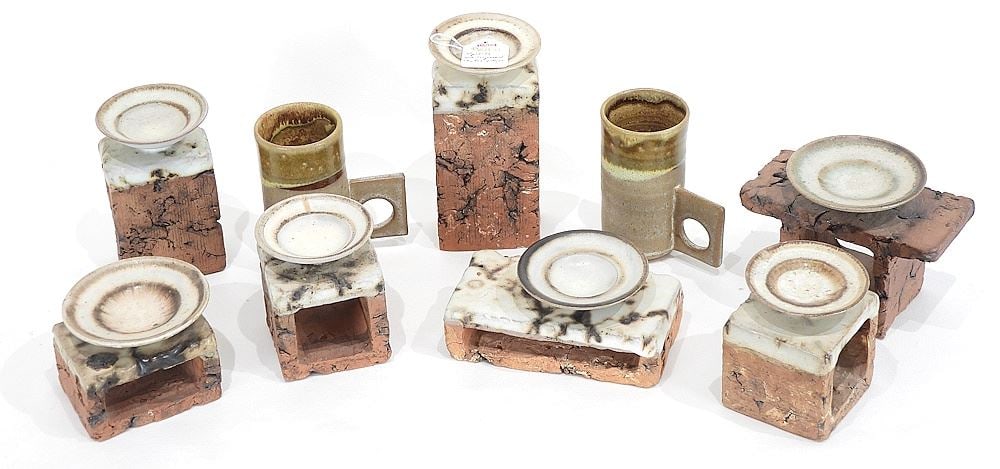 Stoneware Candle Garniture w/ Impressed Marks of Ron Tribe w/2 Mugs, 2 1/2 - 6 1/4"h.: Stoneware Candle Garniture w/ Impressed Marks of Ron Tribe w/2 Mugs, 2 1/2 - 6 1/4"h.