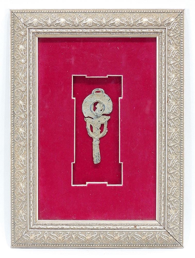 Ancient Roman Lead Mirror Frame, 2nd-4th C. AD, Danube, 3 1/2"h, Framed. (1 of 2)