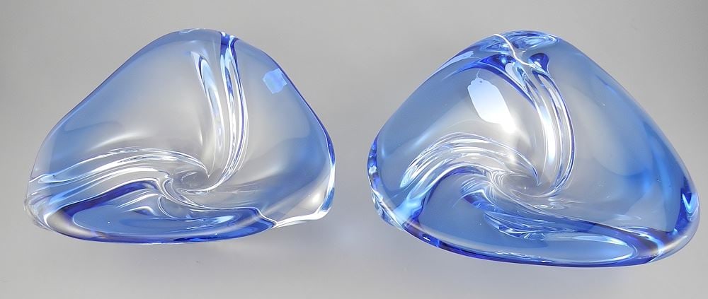 Pair of Val St. Lambert Blue Crystal Triangular Dishes, 8 1/4 & 8 7/8"w. (1 of 4)
