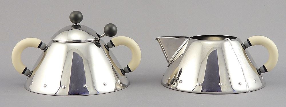 Alessi 9096/9097 Stainless Steel Cream & Sugar, Michael Graves, 1 3/4 & 2 3/4"h. (1 of 3)