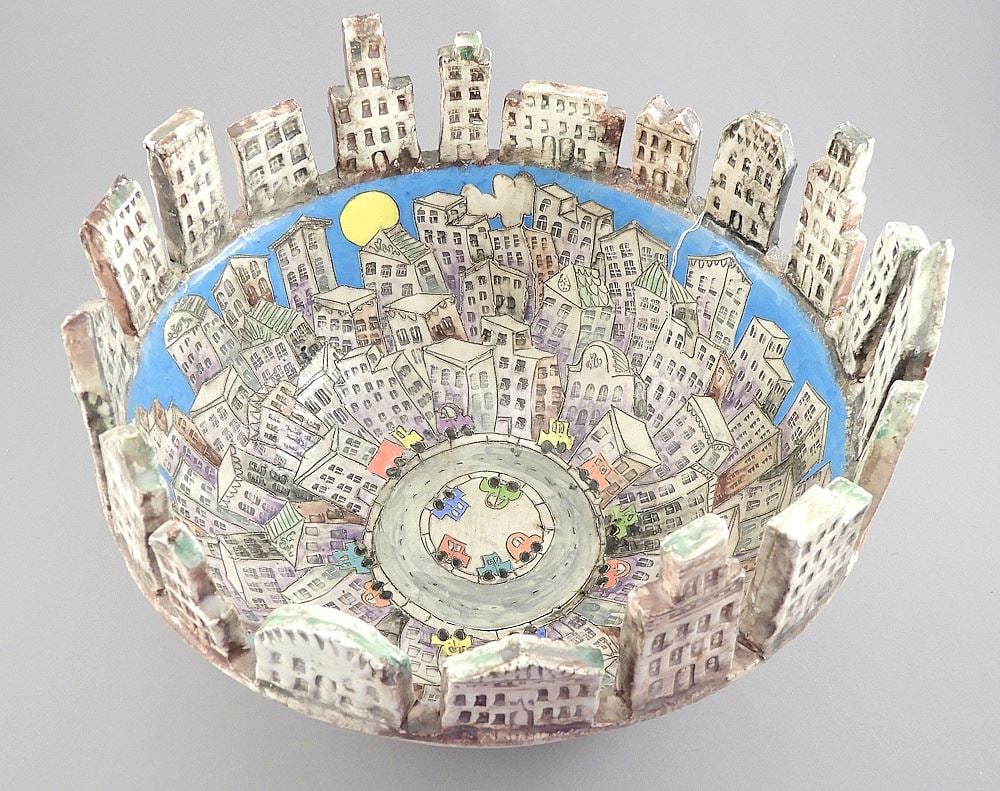 Danisha (Dan & Nisha Ferguson) Pottery Bowl, 7 x 11 5/8 x 10 3/4", "Any Big City". (1 of 3)