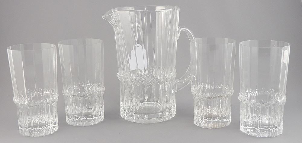 Iittala "Pallas" Pitcher & Four Glasses, Tapio Wirkkala, 7 1/2 - 5 1/2"h. (1 of 3)