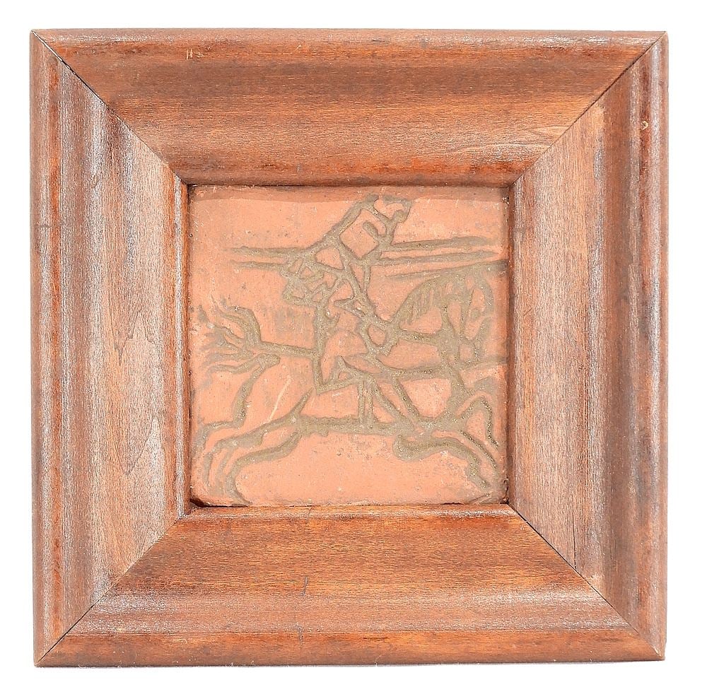 Moravian Pottery & Tile Works "Knight at Nuremberg" Tile, 4 1/8 x 4 1/4", Framed. (1 of 1)