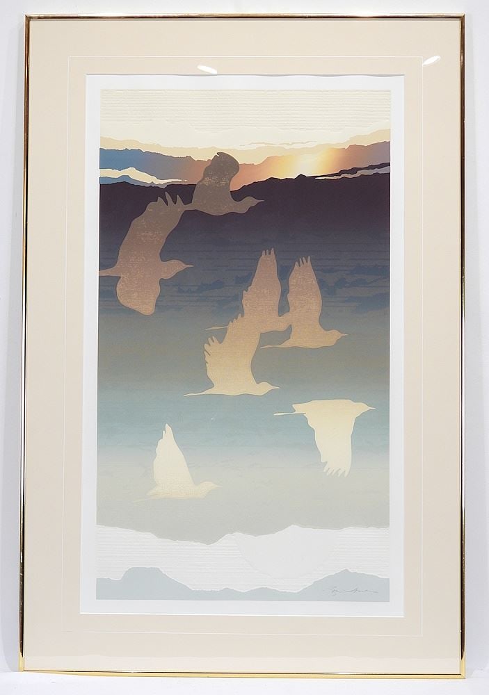 Embossed Serigraph signed Roger Jones, 29 1/2 x 17 3/4", "Birds in Flight". (1 of 3)