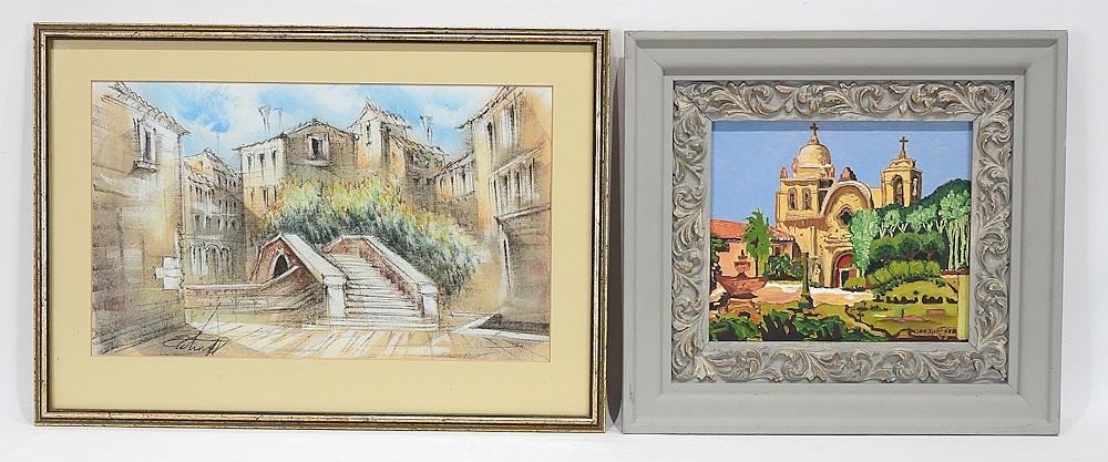 Two Paintings: P. Corbett, 8 x 9 1/2 ", Mission San Carlos & Indistinctly 9 1/8 x 15 1/4", Canal Bri: Two Paintings: P. Corbett, 8 x 9 1/2 ", Mission San Carlos & Indistinctly 9 1/8 x 15 1/4", Canal Bri