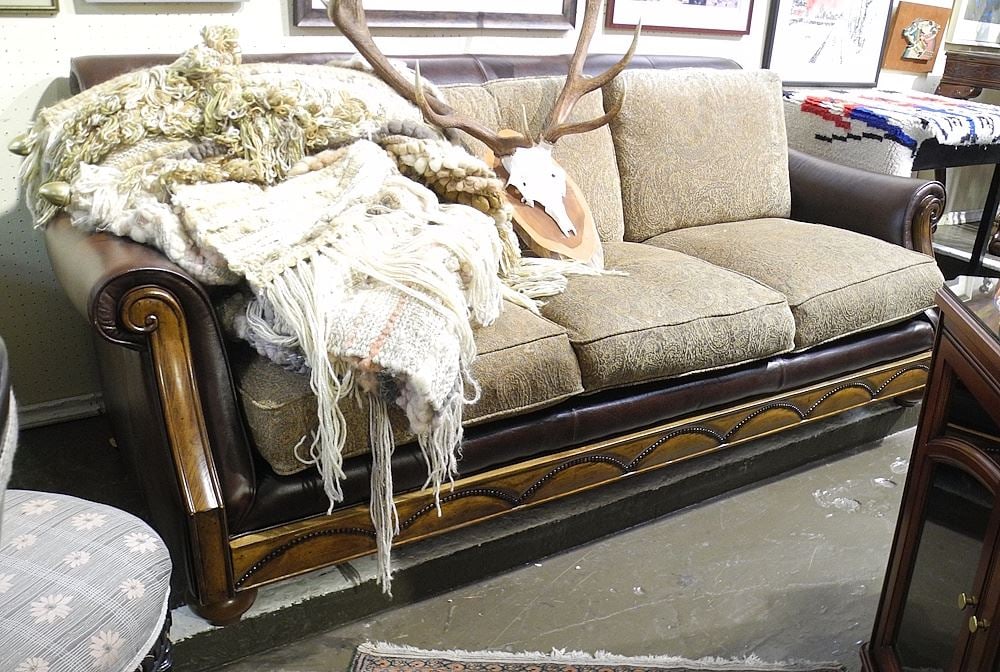 Lazy Boy Wood Show & Leather Surround Sofa.: Lazy Boy Wood Show & Leather Surround Sofa.