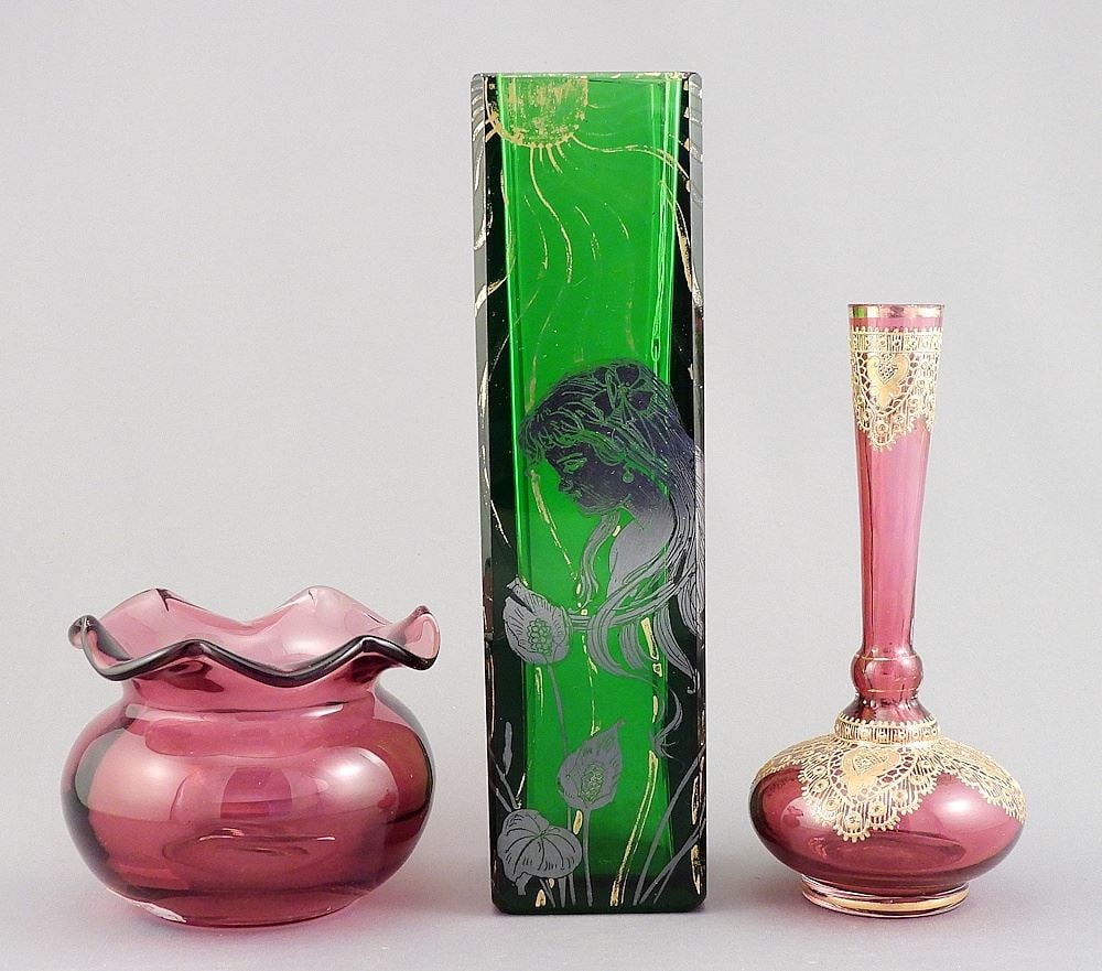 Three Glass Wares: Silver Deposit Art Nouveau & Two Cranberry. (1 of 2)