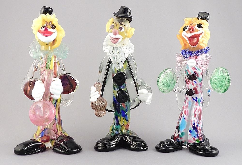 Three Murano Glass Clowns, 9 1/4"h. (1 of 2)