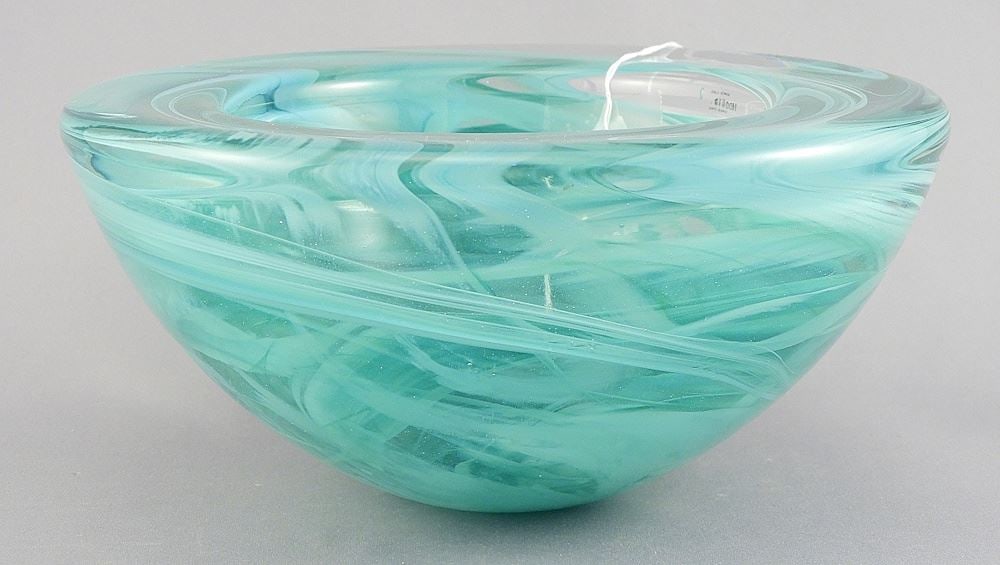Kosta Boda "Teal Atoll" Bowl, A. Ehrner, 3 3/8 x 7" Diameter. (1 of 2)