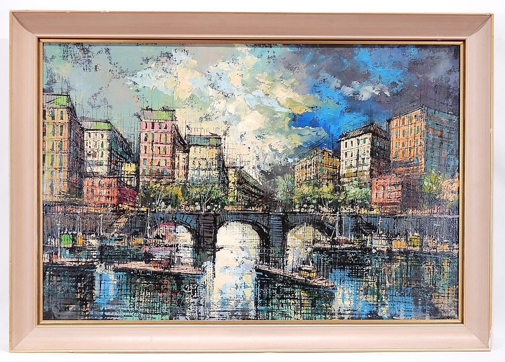 Oil on Canvas signed (Rene) Chanel, 24 x 36", "Parisian Apartments From The Seine". (1 of 3)