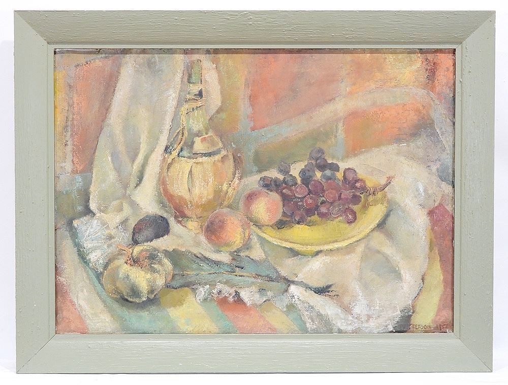 Oil on Canvas signed *** (EAF?) Herson 1952, 21 3/4 x 30", "Still Life with Chianti".: Oil on Canvas signed *** (EAF?) Herson 1952, 21 3/4 x 30", "Still Life with Chianti".