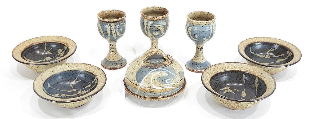 Collection of Stoneware Dishes signed (Gordon) Hutchens, 8 Pieces, 2 1/2 - 6"h.: Collection of Stoneware Dishes signed (Gordon) Hutchens, 8 Pieces, 2 1/2 - 6"h.