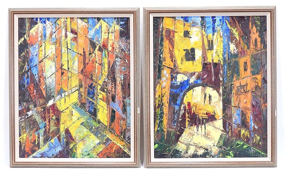 Pair of Oil on Board signed Valde 66', 19 1/4 x 15 1/2" "Cubist Street Scenes".: Pair of Oil on Board signed Valde 66', 19 1/4 x 15 1/2" "Cubist Street Scenes".