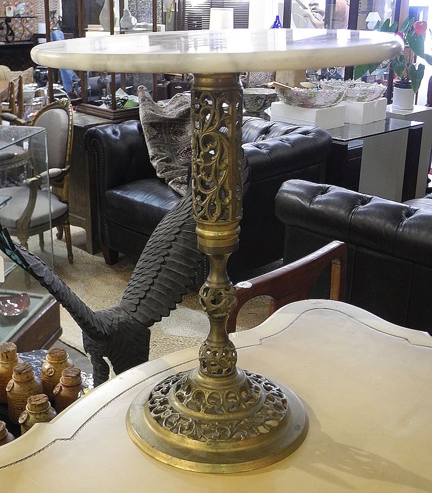 South Asian Brass Pedestal Table w/Marble Top, 18"h. (1 of 2)