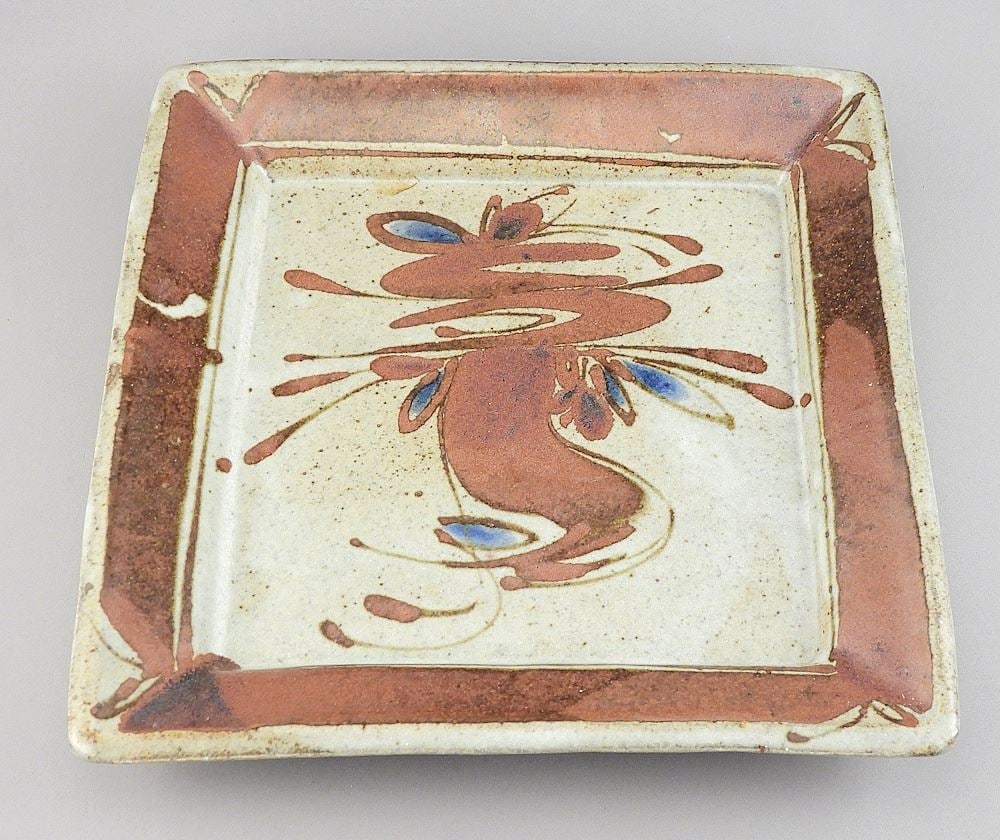 Square Stoneware Dish signed Arpot (Jean-Claude de Crousaz), 9 3/4 x 9 3/4".: Square Stoneware Dish signed Arpot (Jean-Claude de Crousaz), 9 3/4 x 9 3/4".