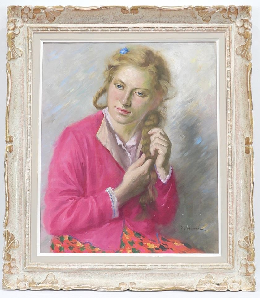 Oil on Canvas signed R. (Rezes) Molnar L. (Lajas), 24 x 20", "Girl in a Pink Sweater". (1 of 5)