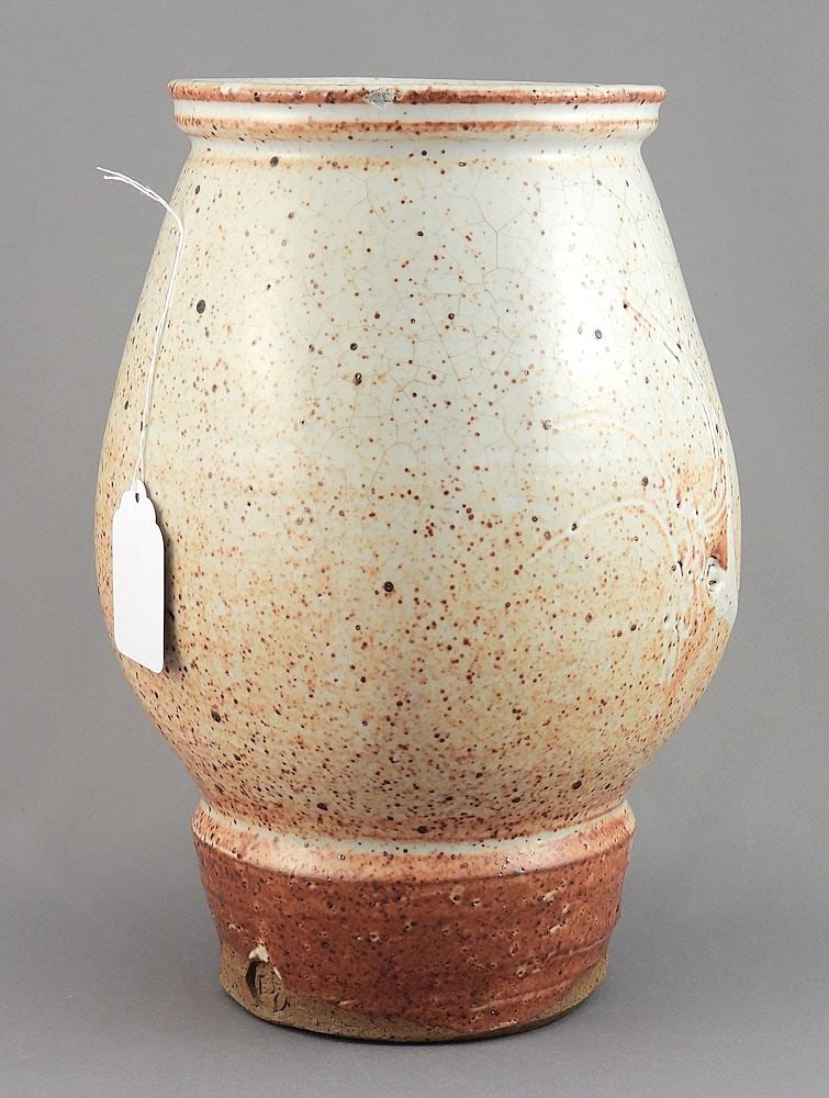 Stoneware Sgraffito Vase with Impressed Mark of Wayne Ngan, 9 1/2" h (rim chip noted).: Stoneware Sgraffito Vase with Impressed Mark of Wayne Ngan, 9 1/2" h (rim chip noted).