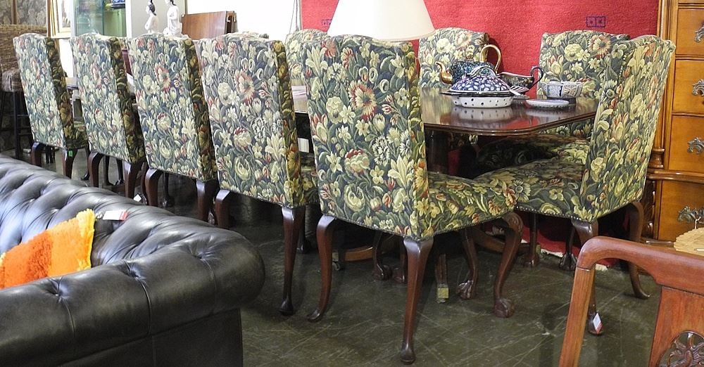 Mahogany Dining Table (11'L) & 12 Tapestry Dining Chairs (no base). Extends to 15'. (1 of 5)