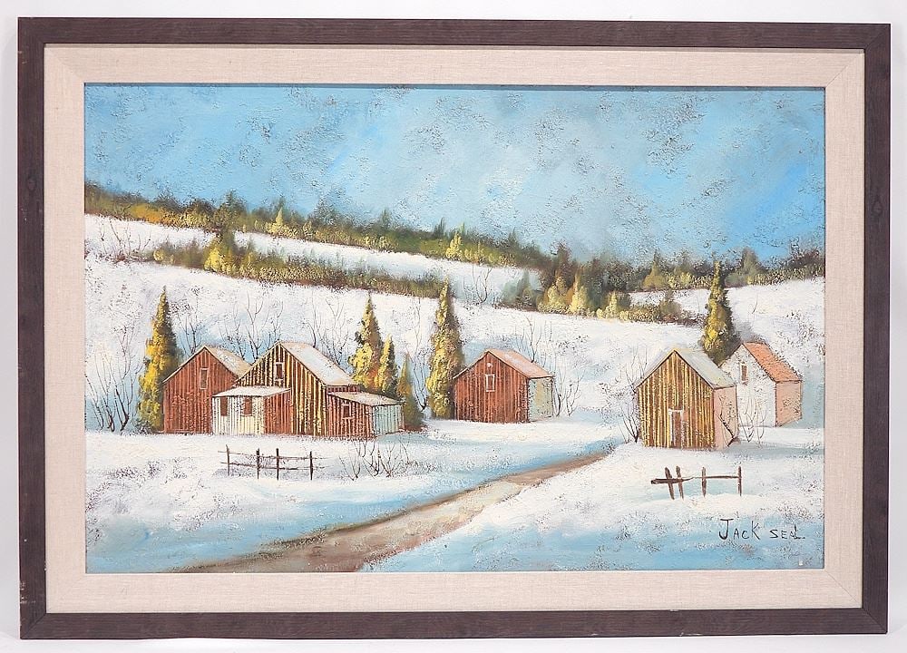 Oil on Canvas signed Jack Seal, 24 x 36", "Farm Building in the Snow ".: Oil on Canvas signed Jack Seal, 24 x 36", "Farm Building in the Snow ".